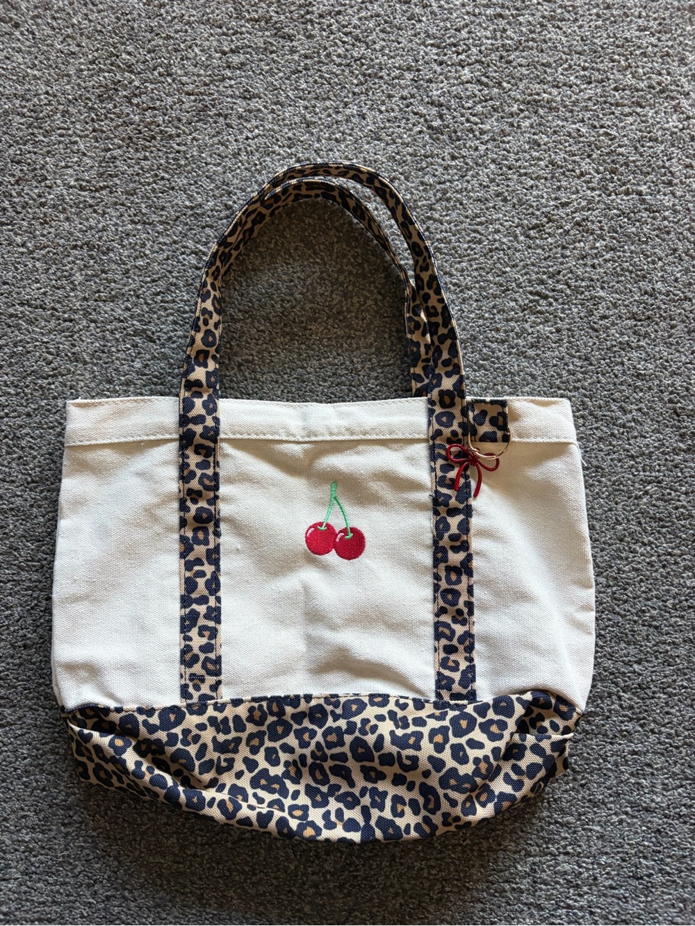 Mini Canvas Cherry Tote with Leopard Trim - White/Beige